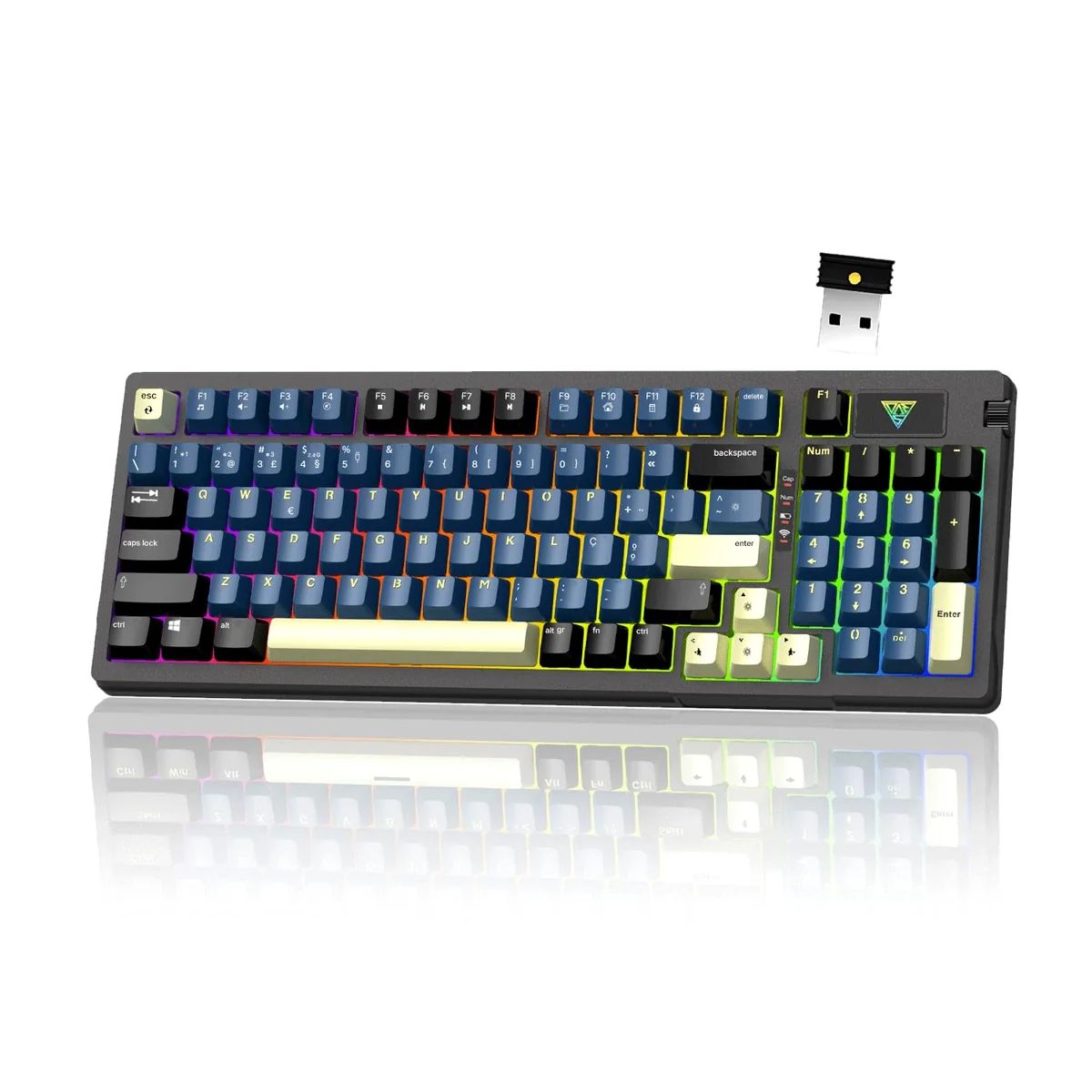 Hivento Teclado Mecânico, 2.4GHz/USB-C/BT5.0, Retroiluminação RGB,Teclado Sem Fio Hot-Swappable com Botões, Bateria 4000mAh, Teclas PBT, Interruptores Vermelhos