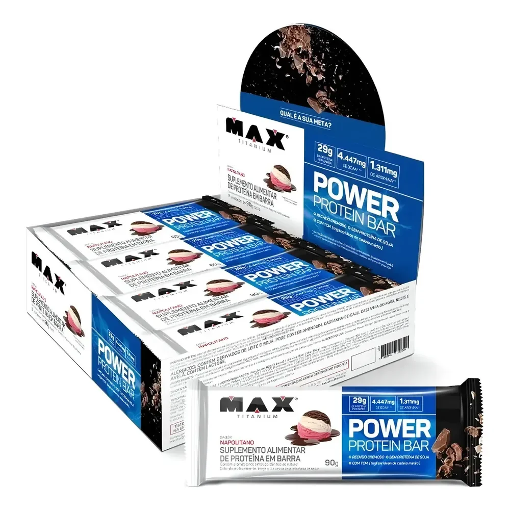 Barra De Proteína 90g 8un Power Protein Bar Max Titanium Protein Bar 28g Proteína Sabor Napolitano