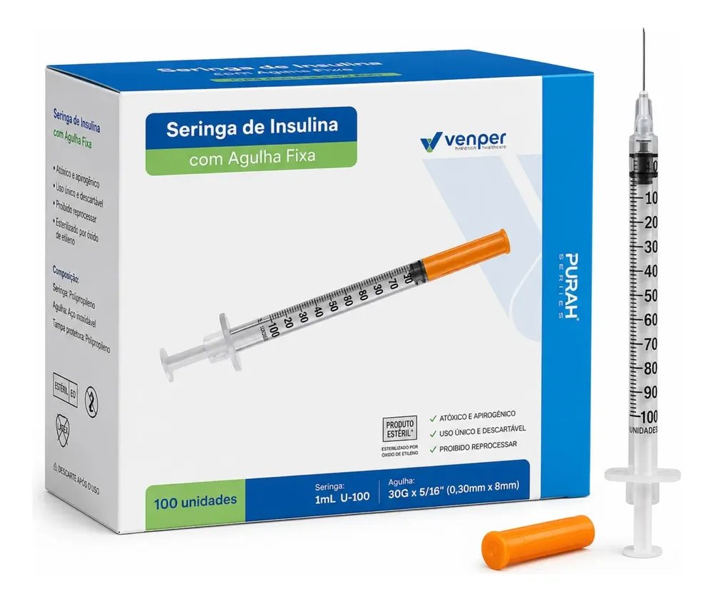 Kit 20un Seringa De Insulina 1ml Agulha Fixa 8x30mm - Venper 1 Ml
