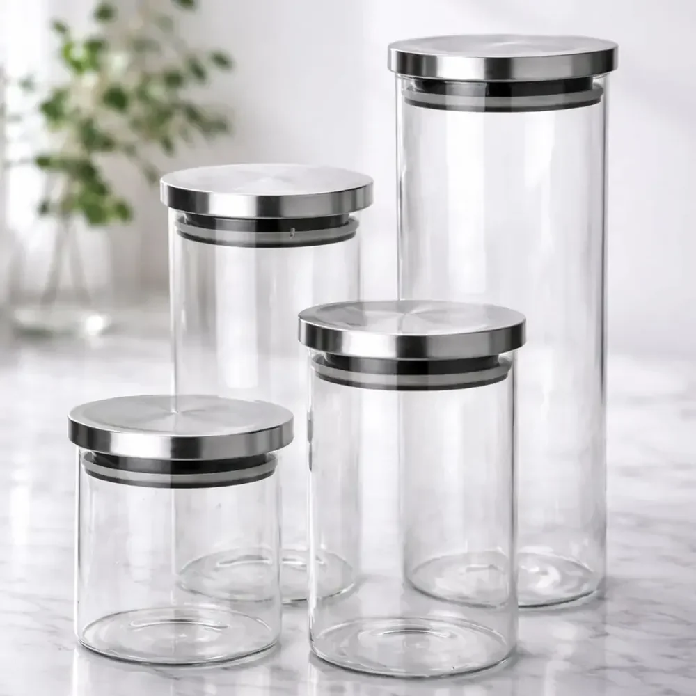 Conjunto 4 Potes De Vidro Herméticos Tampa Inox Organizador Cinza