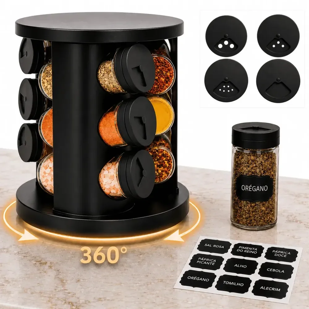 Porta Temperos Condimentos 9 Potes De Vidro Base Giratória 360° 9 Etiquetas Adesiva Organizador Cozinha Dosador Suporte Bancada Mesa Orégano Sal Páprica Pimenta Indue Variedades Preto