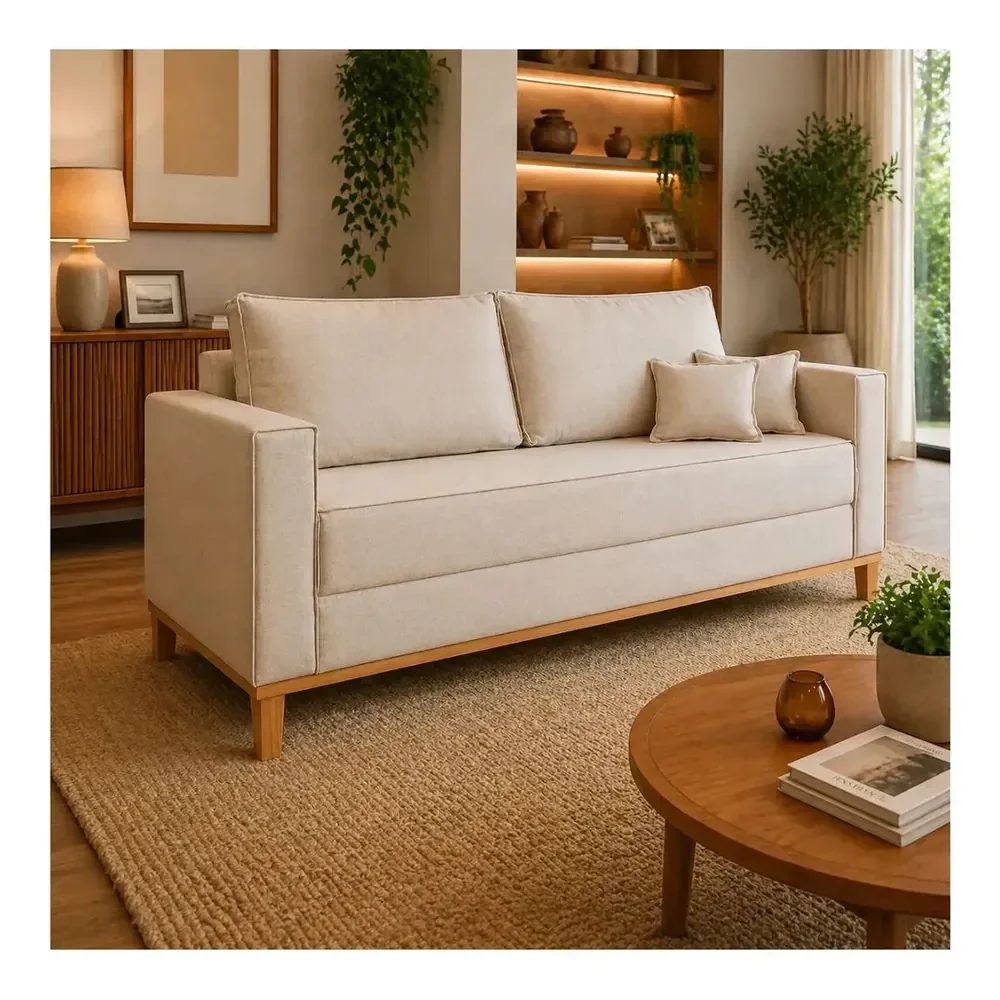 Sofá 3 Lugares Beny 180cm Retratil Moderno Sala Estar Luxo Puff Poltrona Pufe Bege