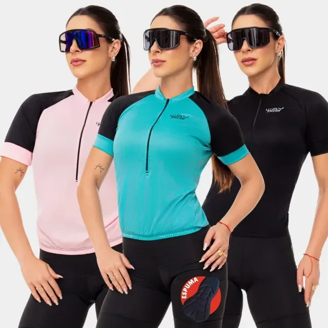 Kit Mulher Camisa Ciclista + Short Bike Acolchoado Roupa Uv