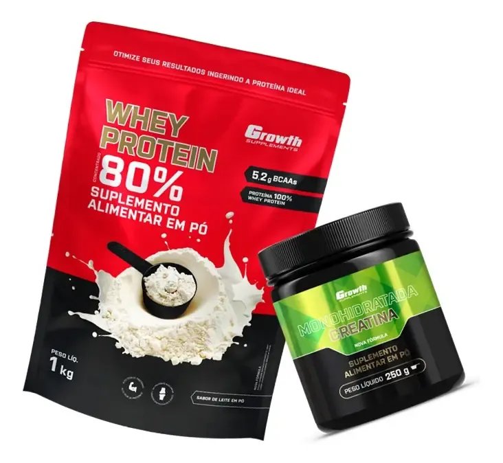 Kit Growth: Whey Protein Concentrado Leite Em Pó 1kg + Creatina Monohidratada Sem Sabor 250g