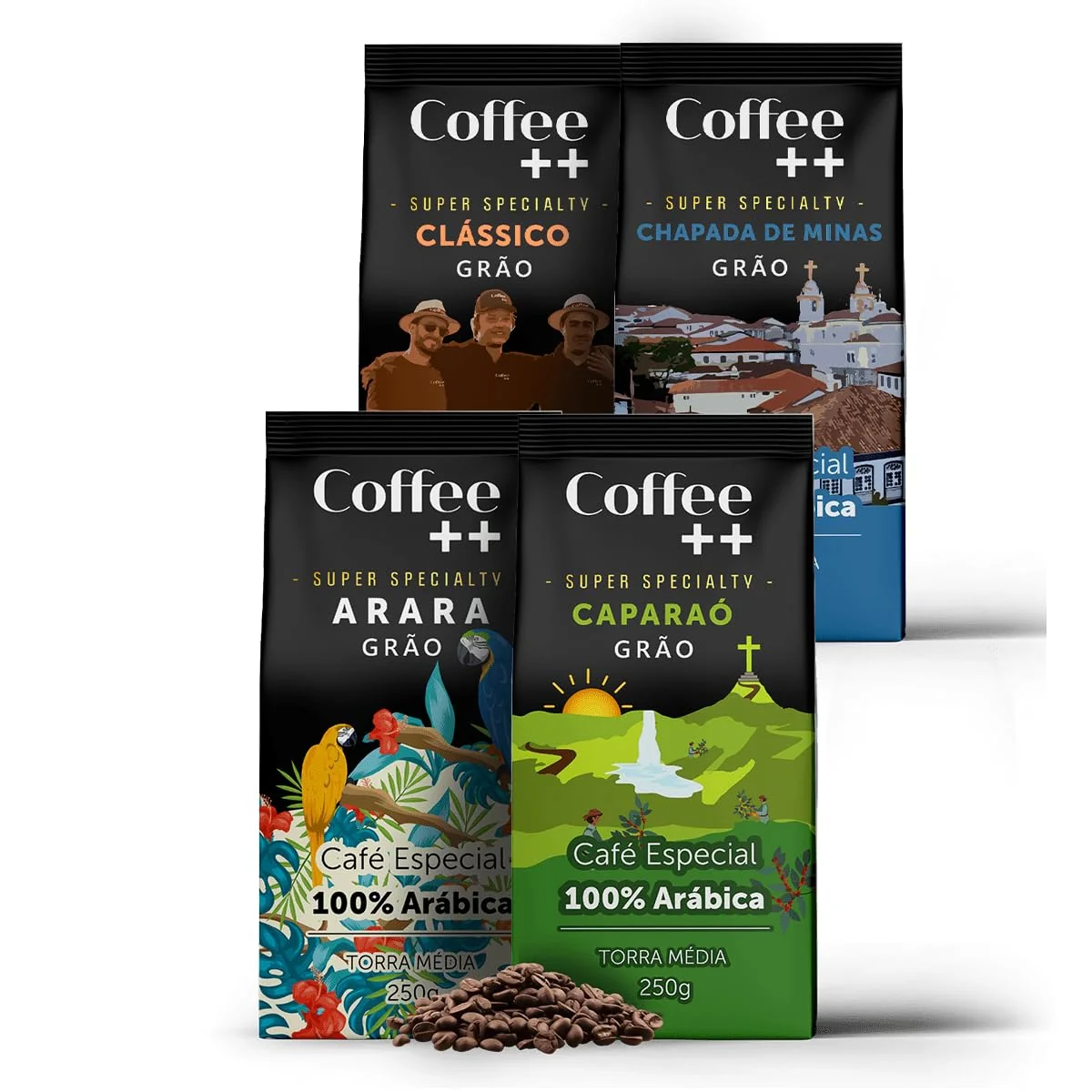 Kit 4 Pacotes Café Especial em Grãos Coffee Mais Variedades: Arara, Caparaó, Chapada de Minas e Clássico - 100% Arábica (4x250g)