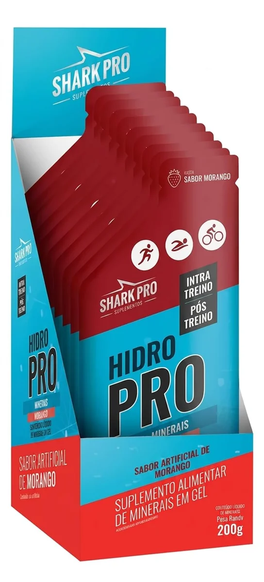 Shark Pro Shark-Up Hidro Pro Display 10 Sachês de 20g Gel com Eletrólitos Sabor Morango Silvestre Sódio 225mg Potássio 210mg Cloreto Reposição Eletrolítica Zero Cafeína Sem Açúcar Sem Glúten Suplemento Alimentar