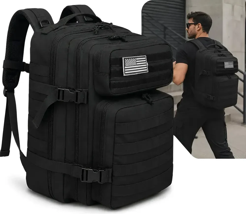 Mochila Tática Militar Grande Masculina Reforçada Resistente Preto Liso