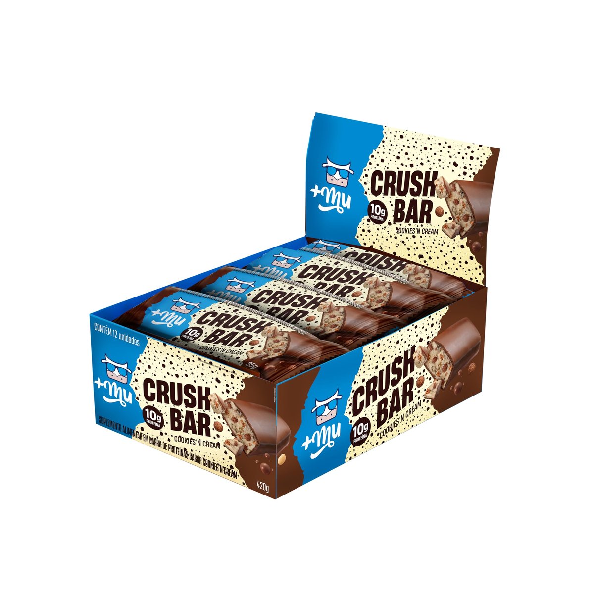 Barra de Proteína, Mais Mu, Crushbar 2.0, Sabor Cookies, 10g de Proteína, Zero Açúcar - Display 12 Unidades