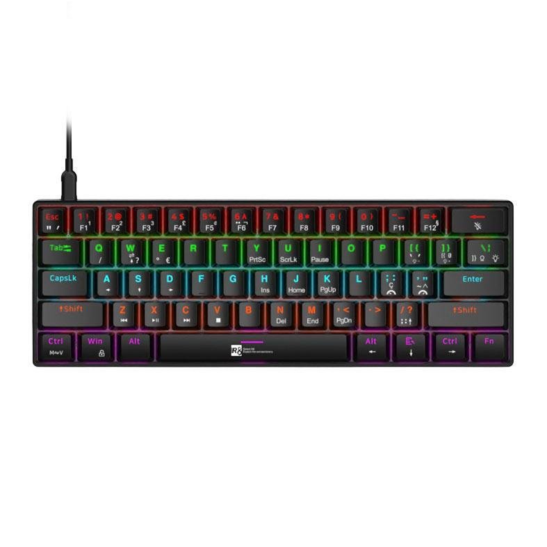Teclado Mecanico R8 1037, RGB, ABNT2, Switch Azul, Preto, R8-1037-RBW-ABNT2
