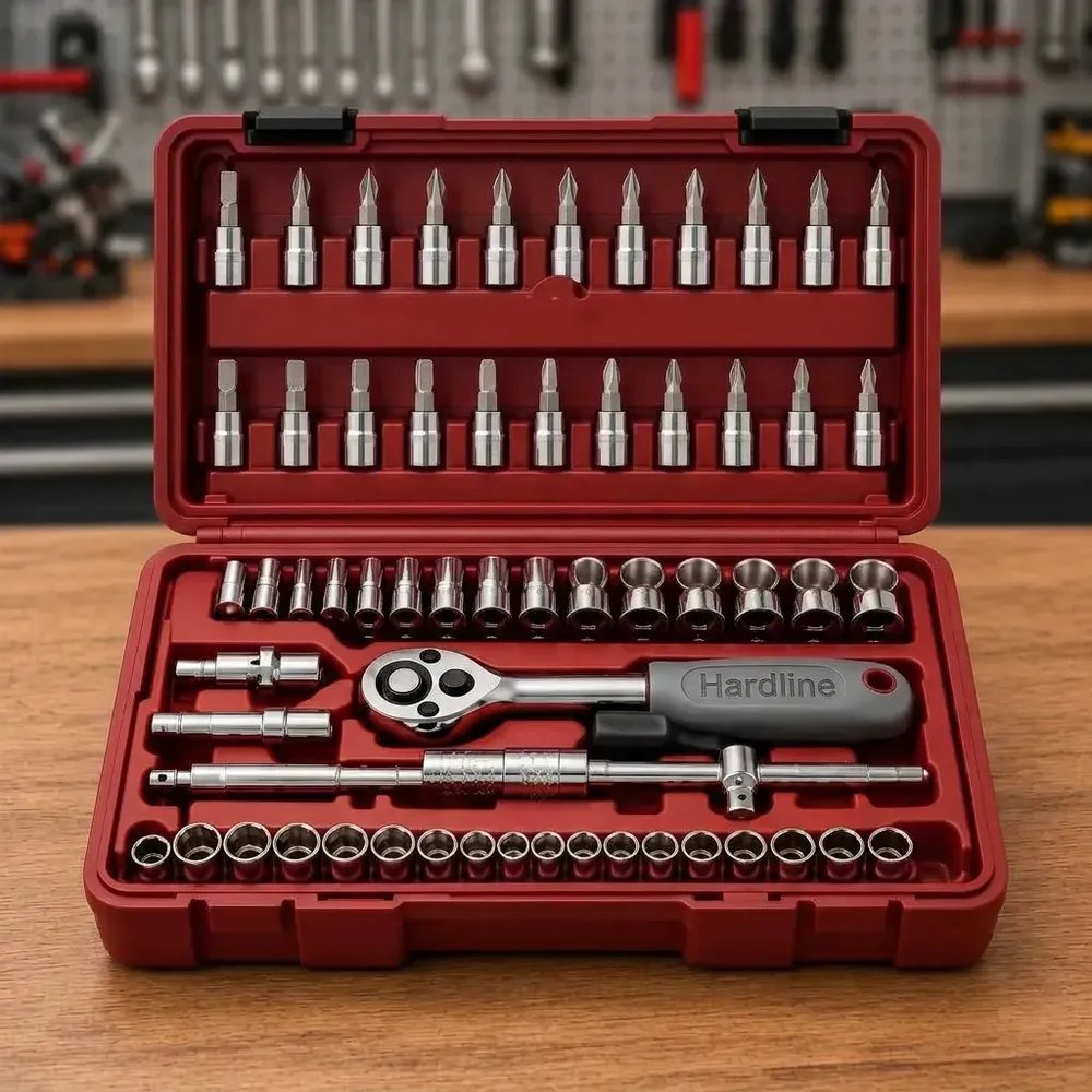 Kit Jogo de Ferramentas 46 Peças Catraca Soquetes Bits Fenda Phillips Allen Extensores com Maleta para Oficina Mecânico Casa Carro Reparos Manutenção Portátil Compacto Hardline