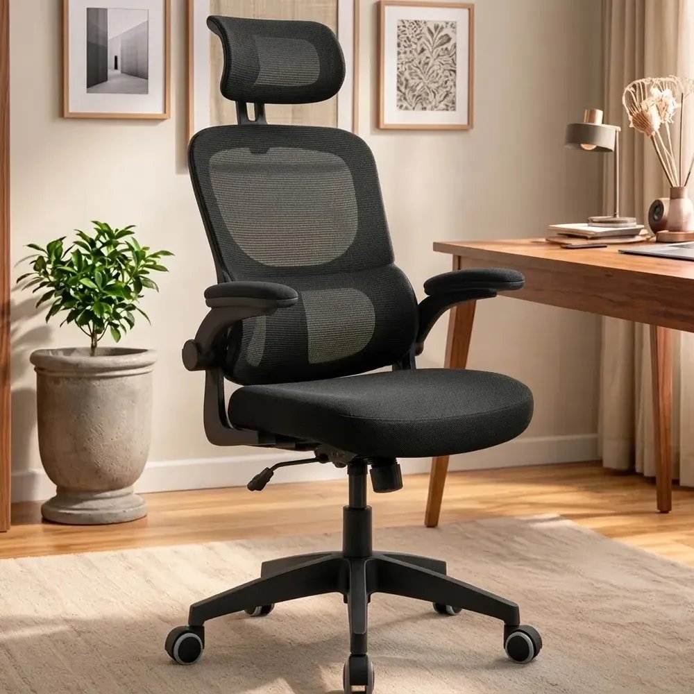 Cadeira De Escritório Ergonômica Preta Giratória Tela Mesh Preto Espuma De Alta Densidade