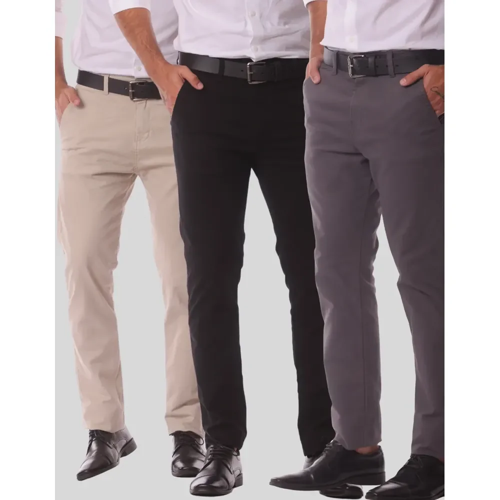 Kit 3 Calça Masculina Sarja Slim Alfaitaria Esporte Fino Preto-bege-chumbo 38