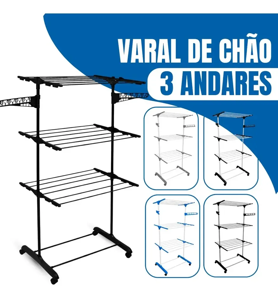 Varal de Chão Epsilon 3 Andares Dobrável com Rodas
