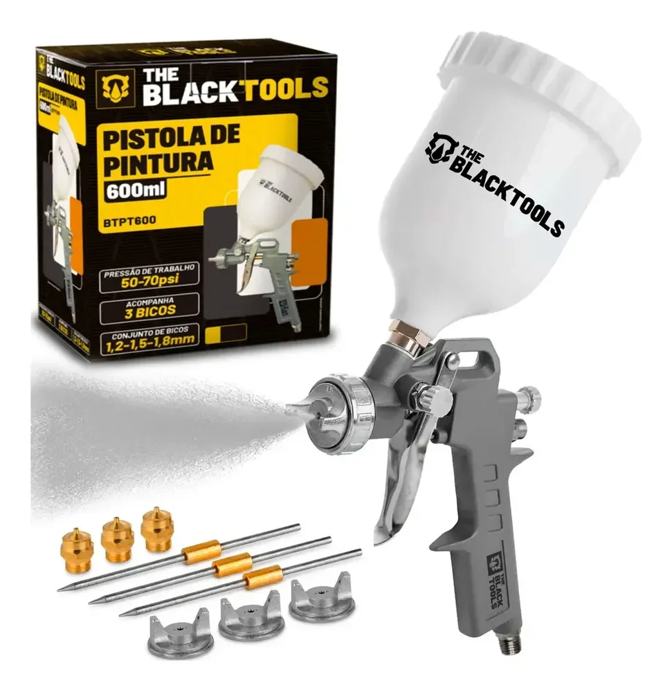 Pistola Pintura Gravidade 600ml 3 Bicos 1.2 1.5 1.8 Btpt600 Profissional The Black Tools