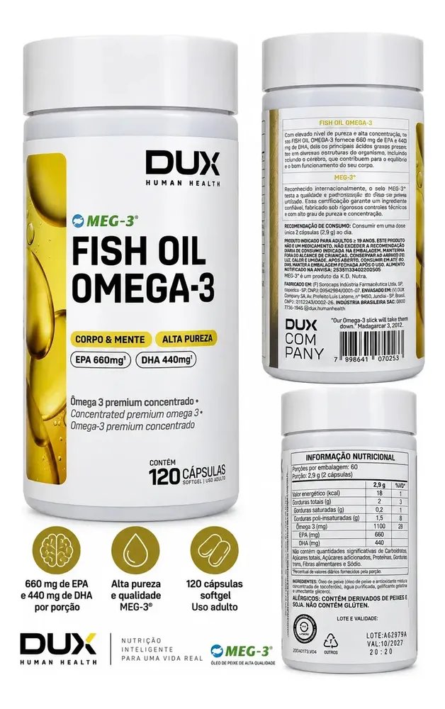 Ômega 3 Dux Nutrition Fish Oil Sem Sabor 120 Cápsulas EPA DHA Alta Concentração