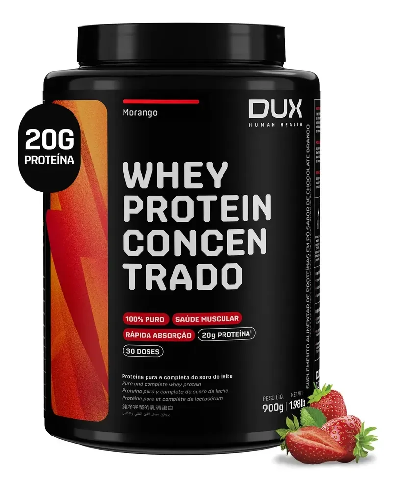 Whey Protein Concentrado DUX 900g Morango Proteína Pura Suplemento Muscular