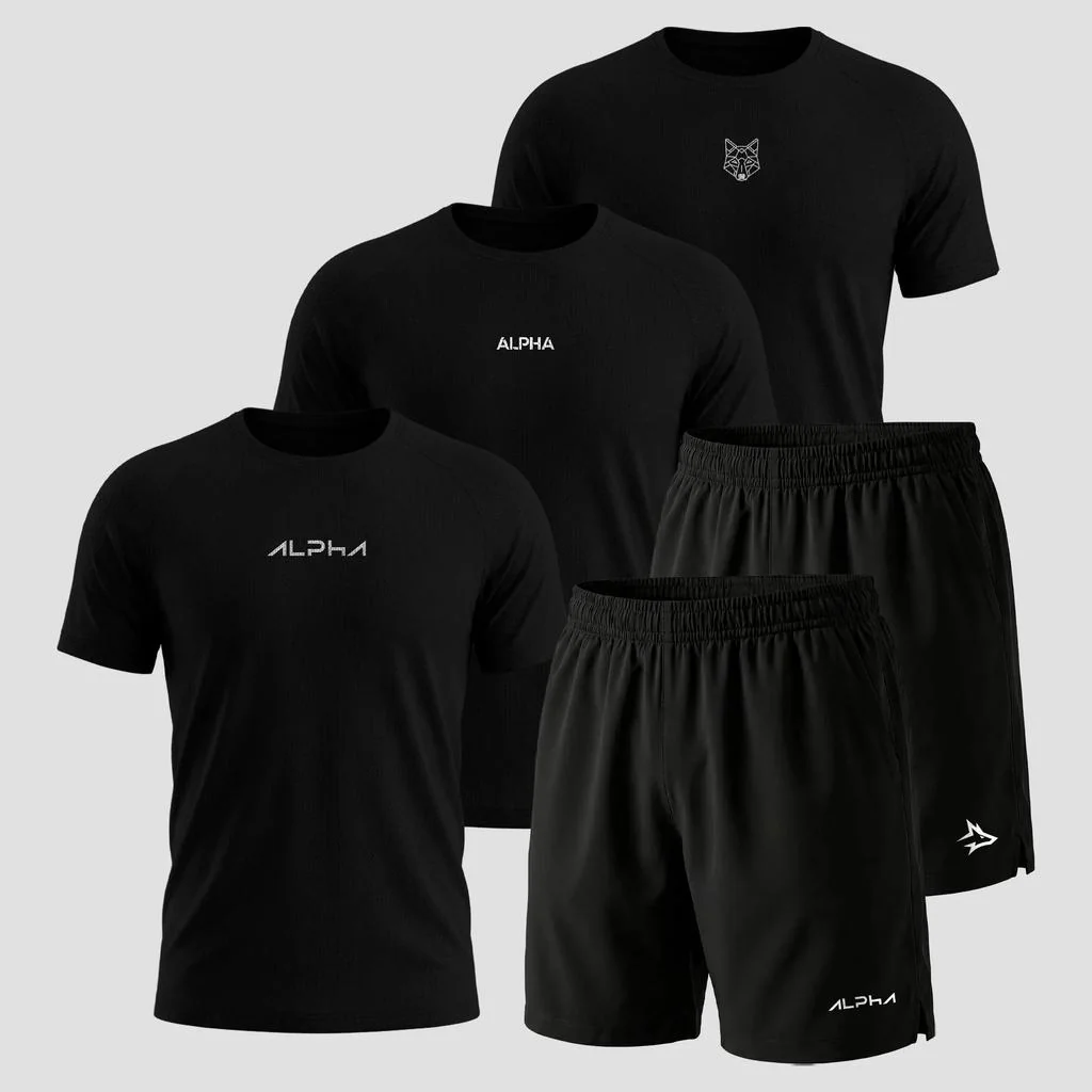 Kit 5 Peças All Black Dry 3 Camisetas e 2 Bermudas Alpha Co