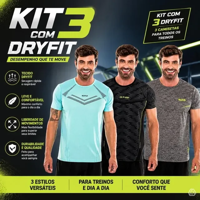 Kit 3 Camisas Dry Fit Masculino Treino Moda Premium