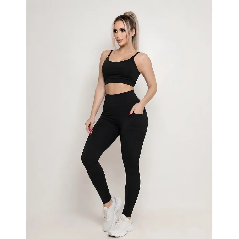 Conjunto Fitness Feminino Top E Legging Conjunto Academia Preto Lisa M