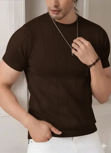 Blusa Masculina Básica Manga Curta Canelada Tricot Modal
