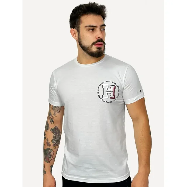 Camiseta Tommy Hilfiger H Roundle Columbus Logo Branco