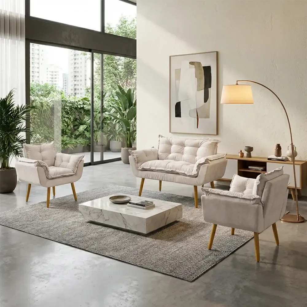 Kit Namoradeira e 2 Poltronas Alice Decorativas Para Sala Recepção Consultório Escritório Manicure Suede Bege