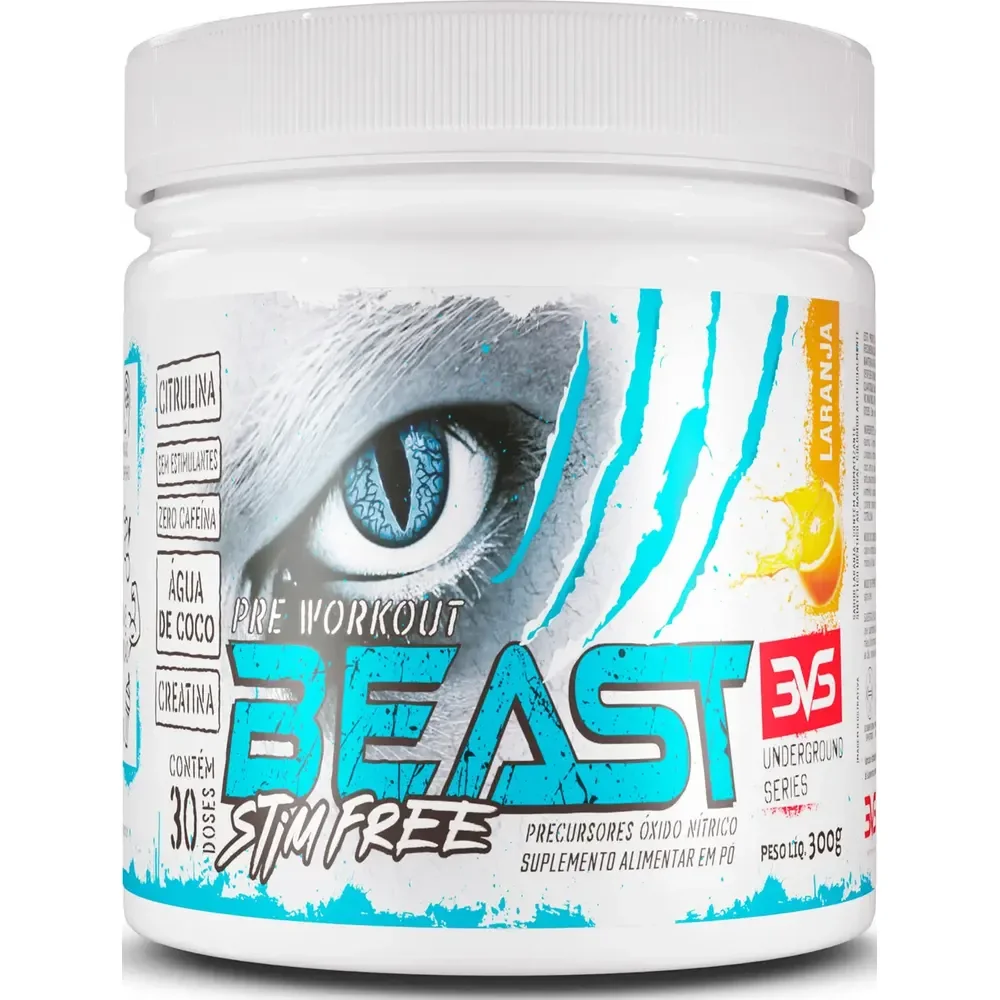 Pré Treino Sem Cafeína Beast 300g - Sabor Laranja - Fórmula Exclusiva Com Citrulina, Beta Alanina, Creatina, Água De Coco, Arginina, Taurina E Tirosina