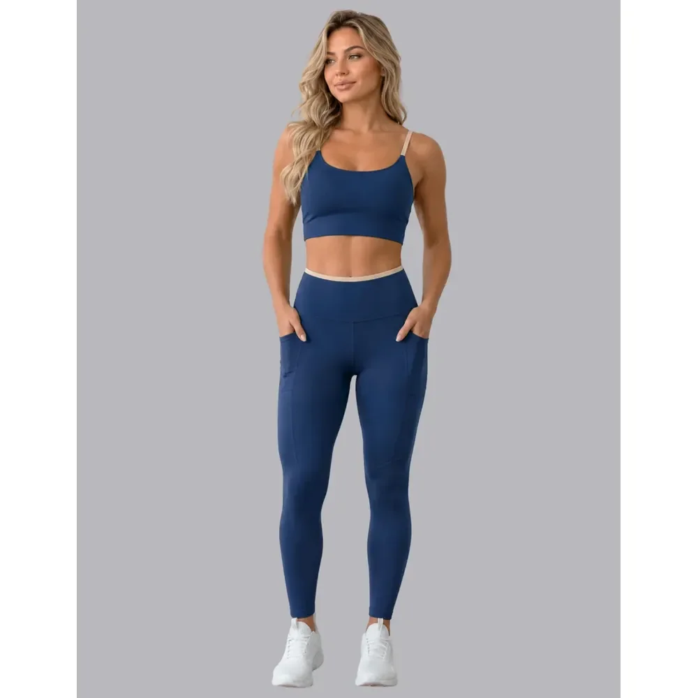 Conjunto Academia Top Calça Legging Fitness Roupa Kit Bolso Azul/areia Lisa G 40/42