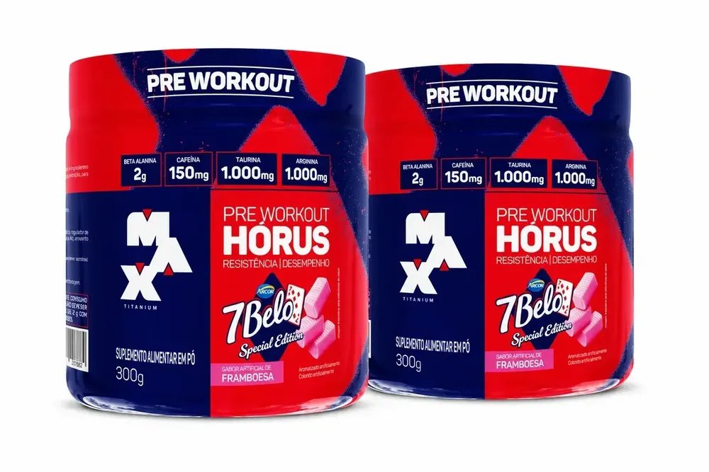 Pré Treino Hórus 7 Belo Max Titanium 300g Sabor Framboesa Kit 2 150mg Cafeína Energia Foco Performance