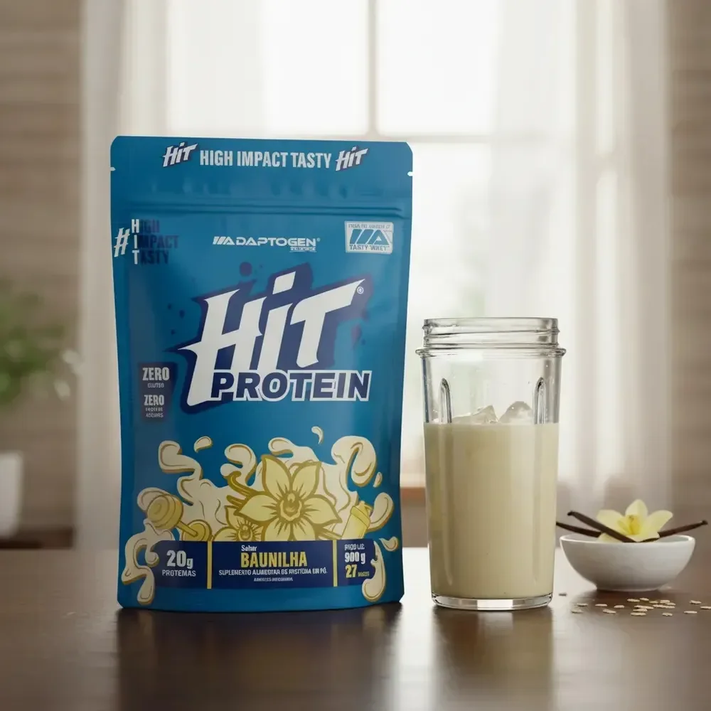 Suplemento Hit Protein Adaptogen Science sachê 900g Whey Protein Zero Gluten Zero açucar Sabor Baunilha