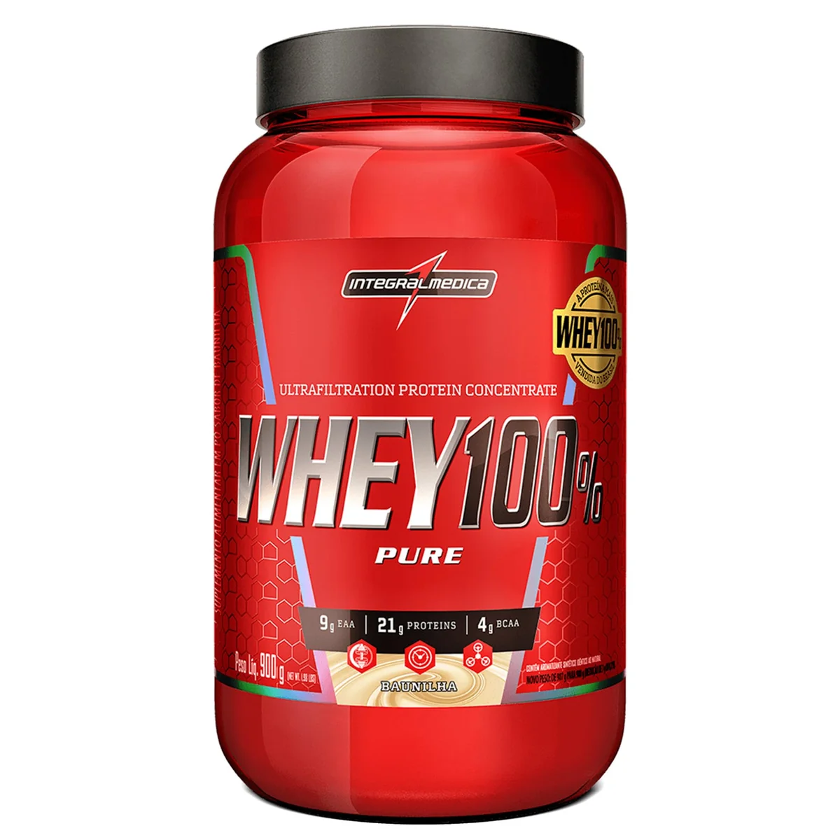 Integralmedica Whey 100% Pure Baunilha Concentrado Pote 900g | Suplementação Alimentar Pós-Treino, Fórmula Enriquecida com BCAAs