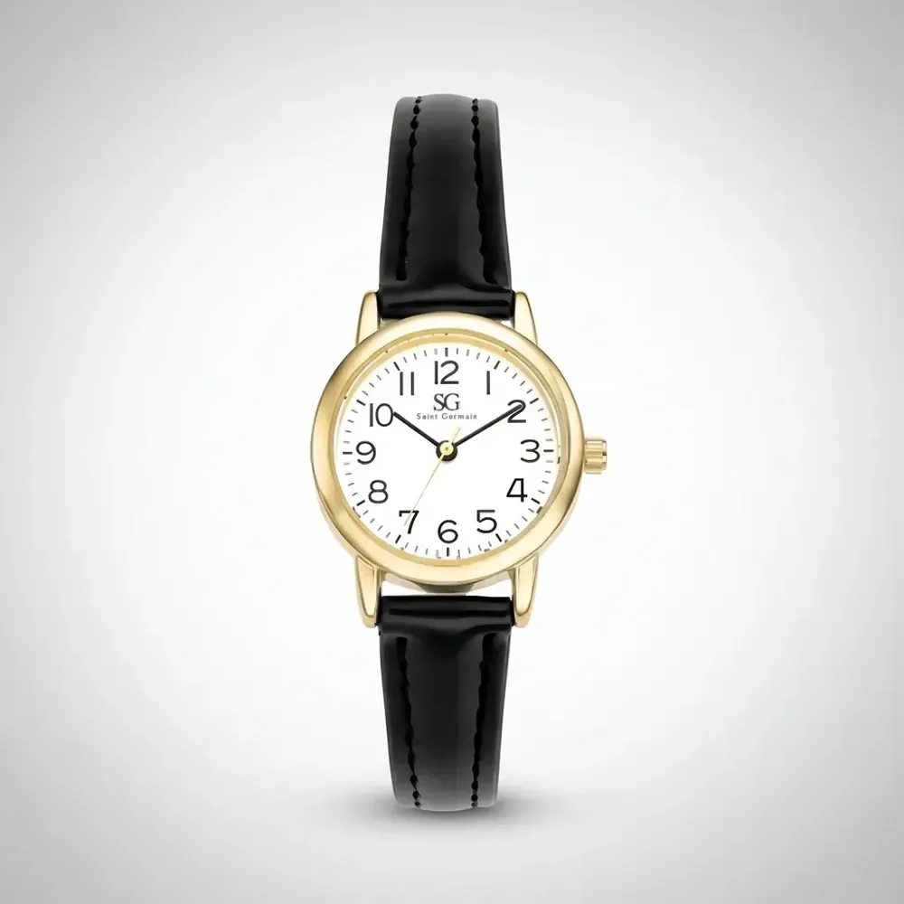 Relógio Feminino Dourado Saint Germain 24mm Correia Preta Caixa Dourada Fundo Branco Elegante Clássico Delicado