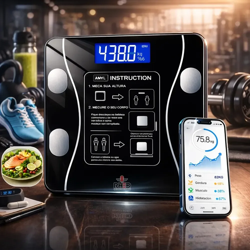Balança Digital Bioimpedância Profissional Smart Imc 180kg Bluetooth Corporal Aparelho Alta Capacidade Aplicativo App Para Android E Para Ios Balança De Banheiro Academia Preto 3v