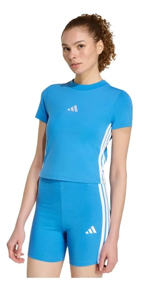 Camiseta Baby Look Essentials Três Listras Slim adidas Azul G