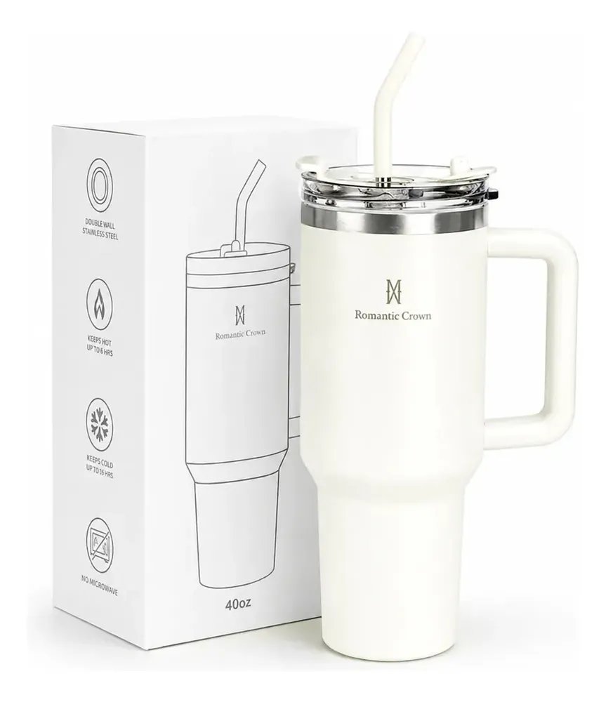 Copo Térmico Gigante 1,2l Inox Com Tampa E Inox Canudo Cor Branco Cor Pura / Material Fosco