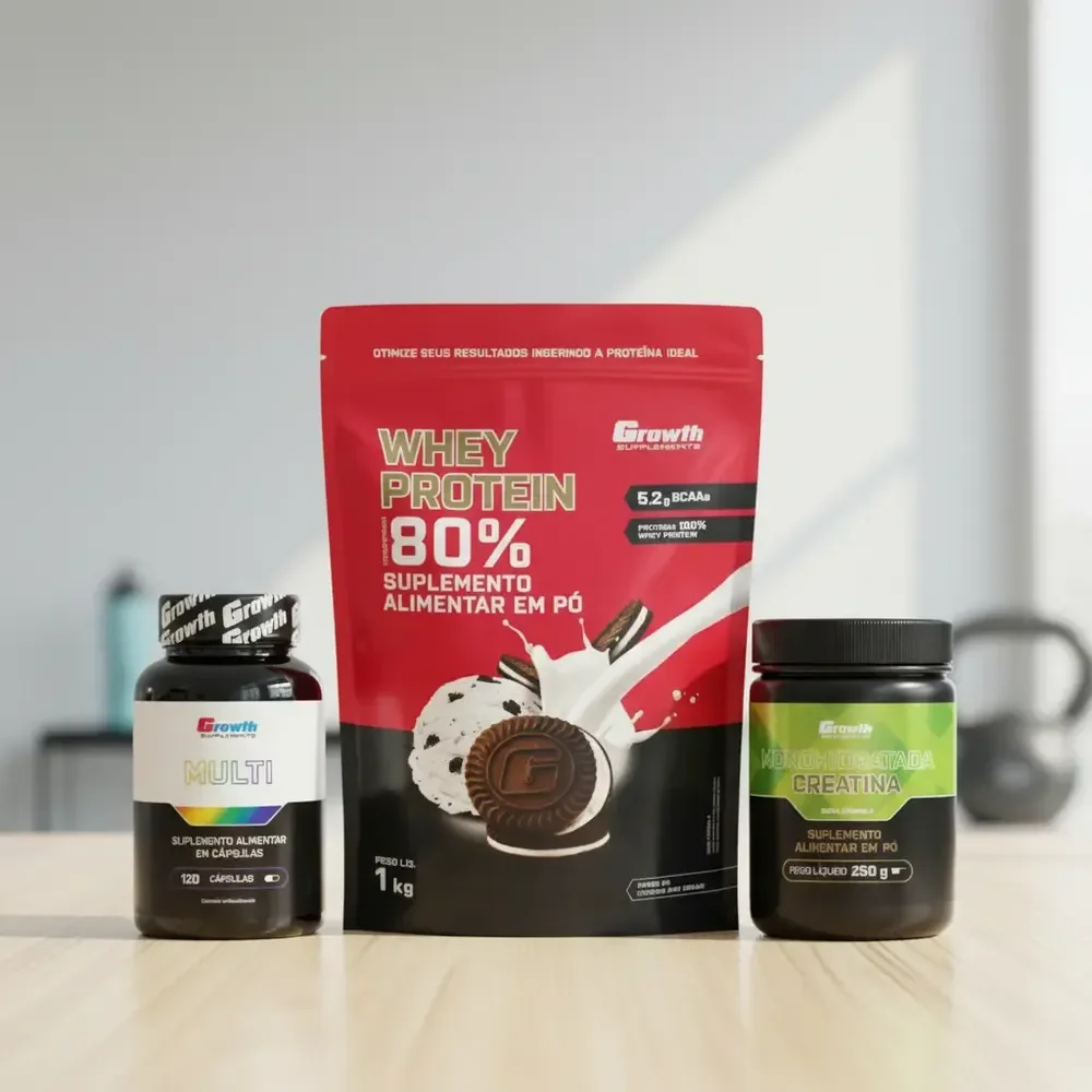 Kit Growth: Whey Protein Cookies And Cream 1kg + Multivitamínico 120 Cáps + Creatina 250g