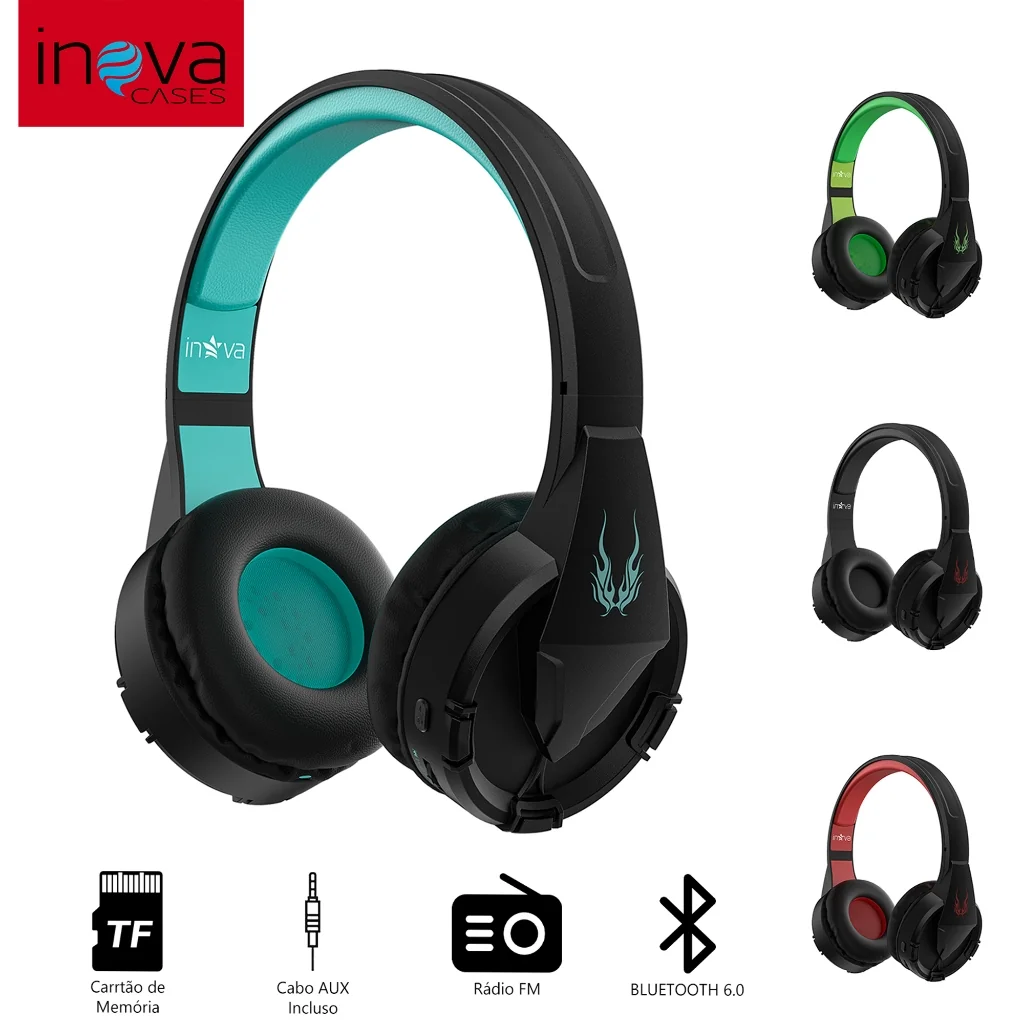 Inova Fone de ouvido Headphone Bluetooth 6.0 para jogos Cartão De Memória AUX FM Bateria de Longa Duração Fone Corrida