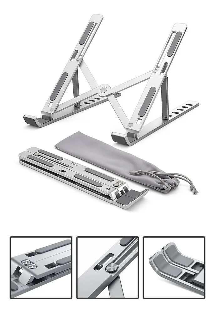 Base Suporte Para PC Notebook Alumínio Portátil Articulado Dobrável Tablet Laptop Mesa Davely Cor Prateado