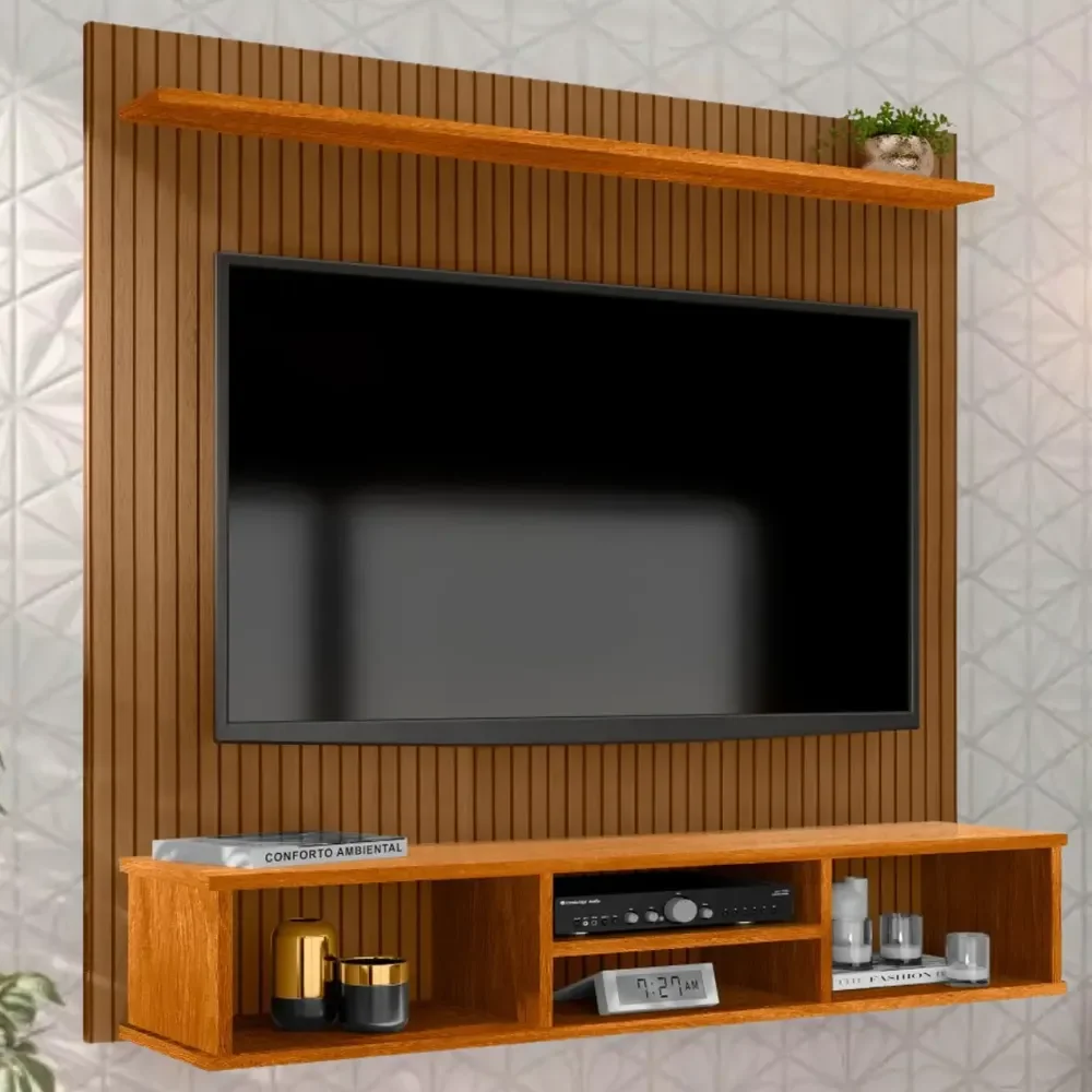 Painel Suspenso Everest TV Até 50" Cor Naturale MDP Design Ripado 3 Nichos