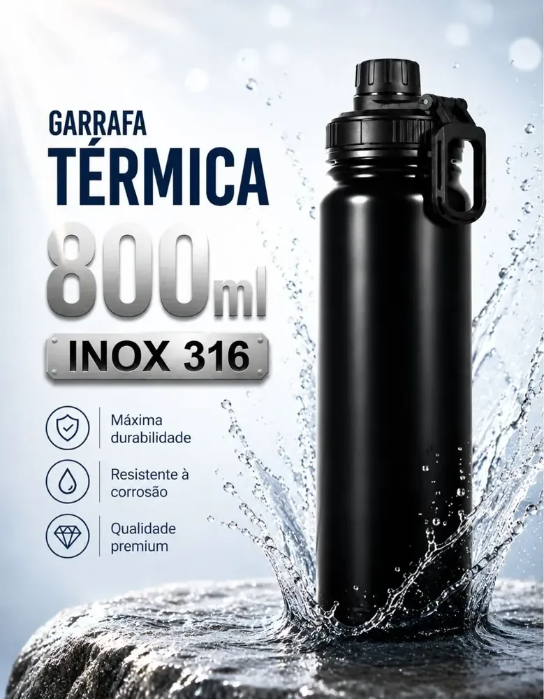 Garrafa Térmica 800ml Água Azarte Inox Academia Com Alça Preta