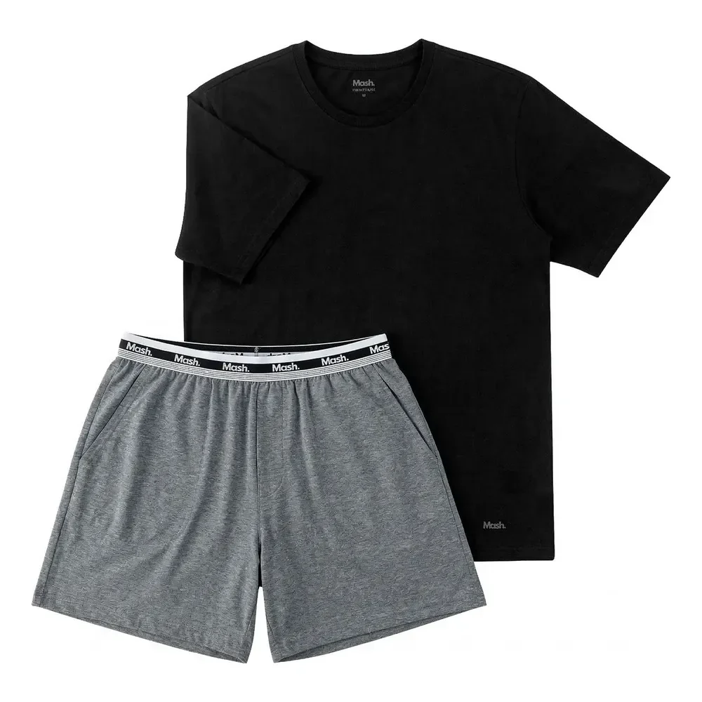 Pijama Algodão Manga Curta Gola Careca Com Elastico Mash Preto Liso M