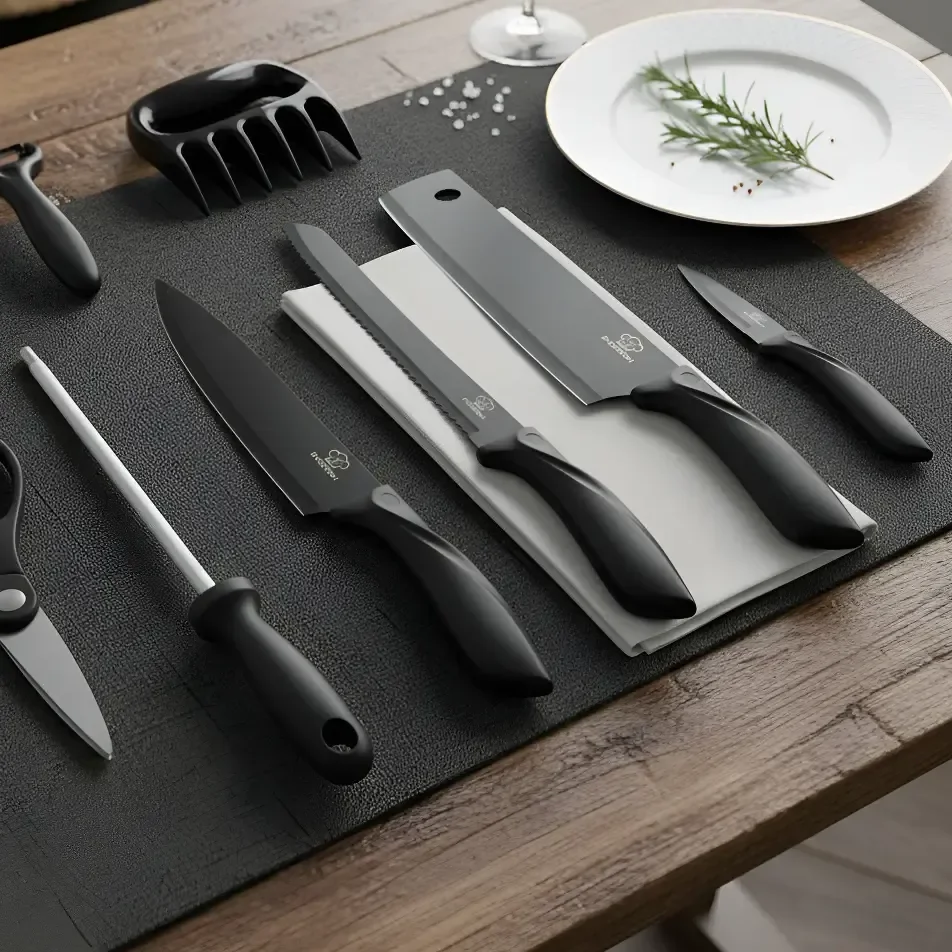 Kit Jogo 8 Peça Faca Cutelo Aço Inox Churrasco Cozinha Preto Preto