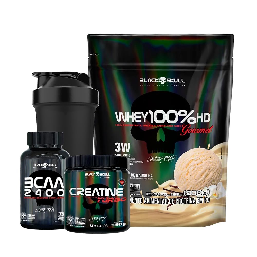 Combo Whey 100% HD Gourmet + Bcaa + Creatina- Black Skull (Baunilha)