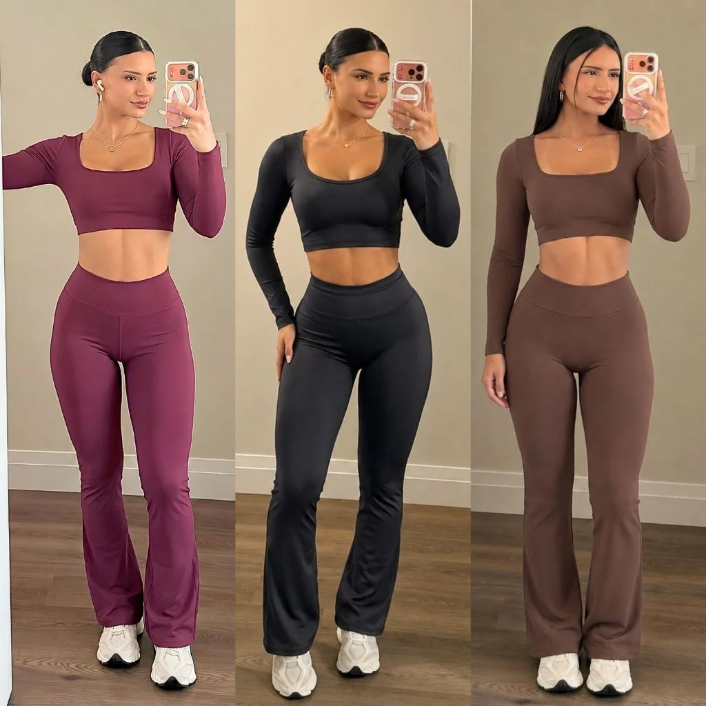 Conjunto de Academia Feminina Liso Zero Transparência Suplex Poliamida Flare Manga Longa Fitness