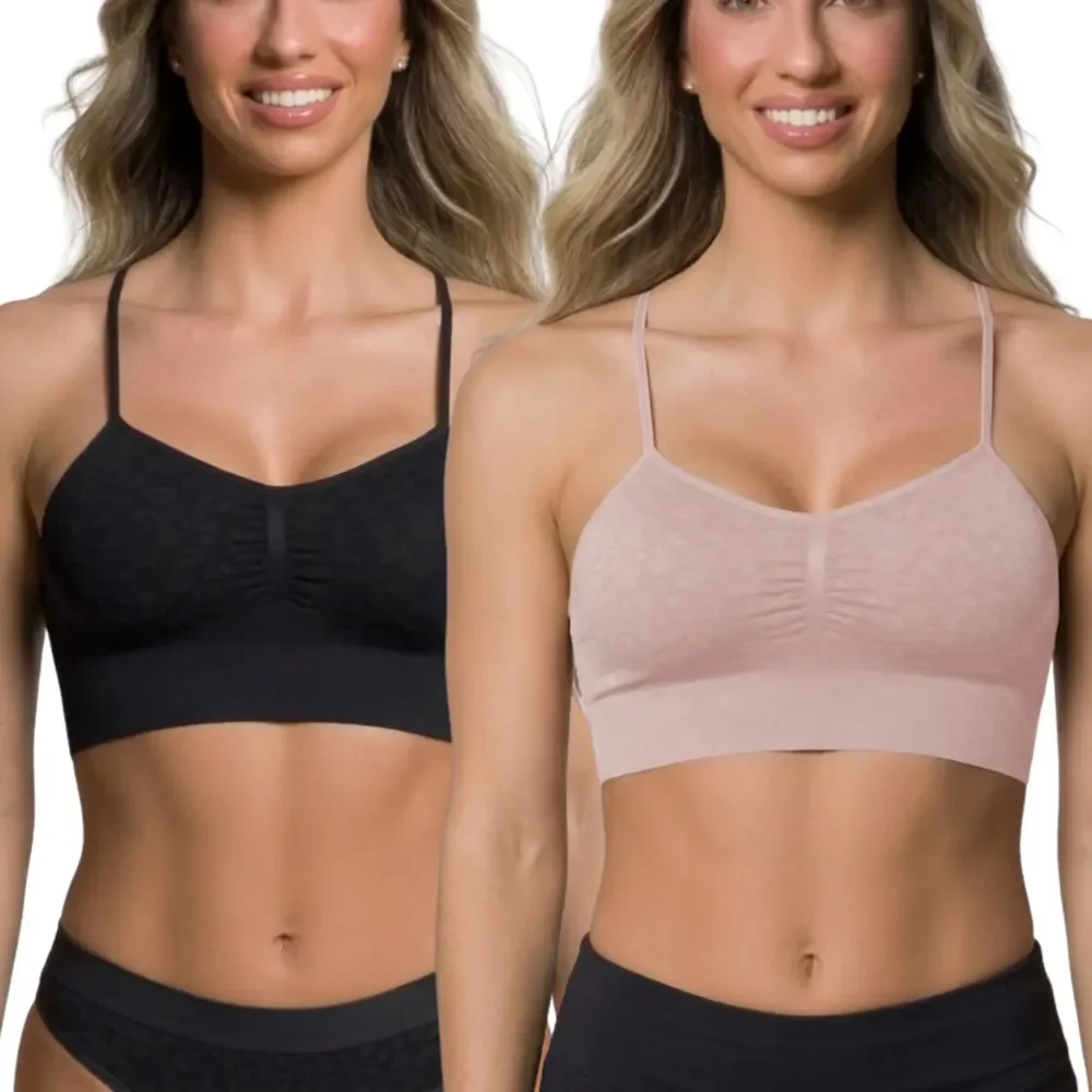 Kit 2 Top Sutiã Poliamida Microfibra Sem Costura Selene 1 Preto - 1 Rosa Nude Top Selene Sutiã Confortável Sutiã Sem Costura M Franzido Anatômico Sem Apertar