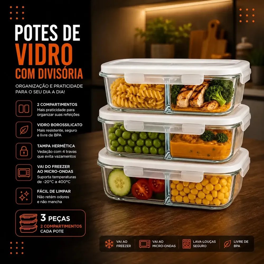 Kit 3 Potes De Vidro Com Divisória Herméticos Retangulares 640ml Com Tampa De 4 Travas Vedação Antivazamento Para Marmitas Freezer Micro-Ondas Forno Sem Tampa Lava-Louças Organização Casa - Hold On