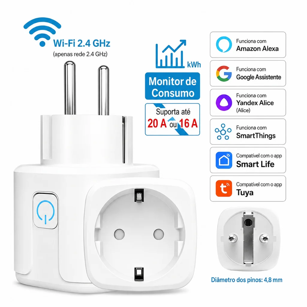 Tomada Inteligente WiFi 20A com Medidor de Energia Smart Life Tuya Alexa Google Assistente 2.4GHz