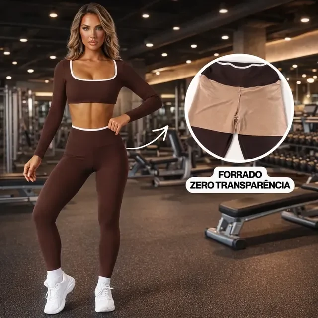 Conjunto Fitness Feminino Manga Longa Com Viés Branco Suplex