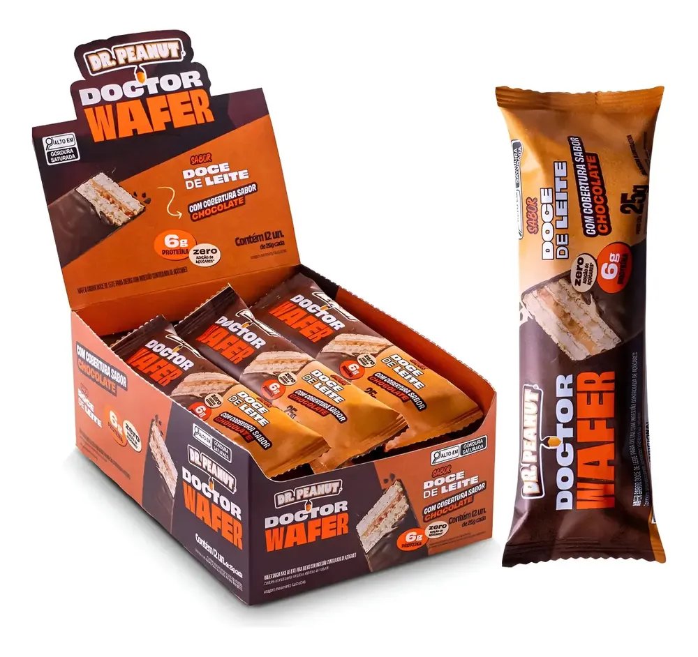 Wafer Proteico Dr Peanut Crocante Display 12 X 25g Sabor Doce De Leite