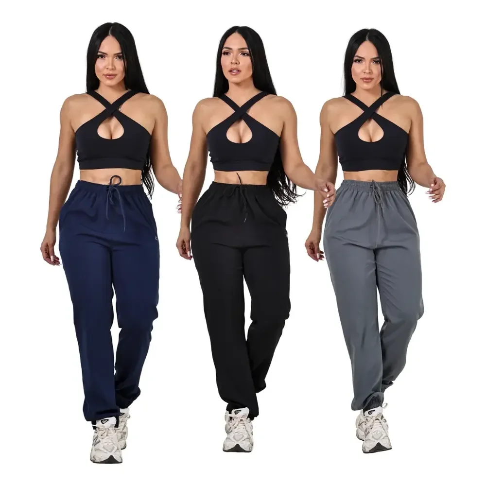 Kit 3 Calças Jogger Femininas Secagem Rápida E Conforto Preto - Marinho - Cinza Escuro Liso G